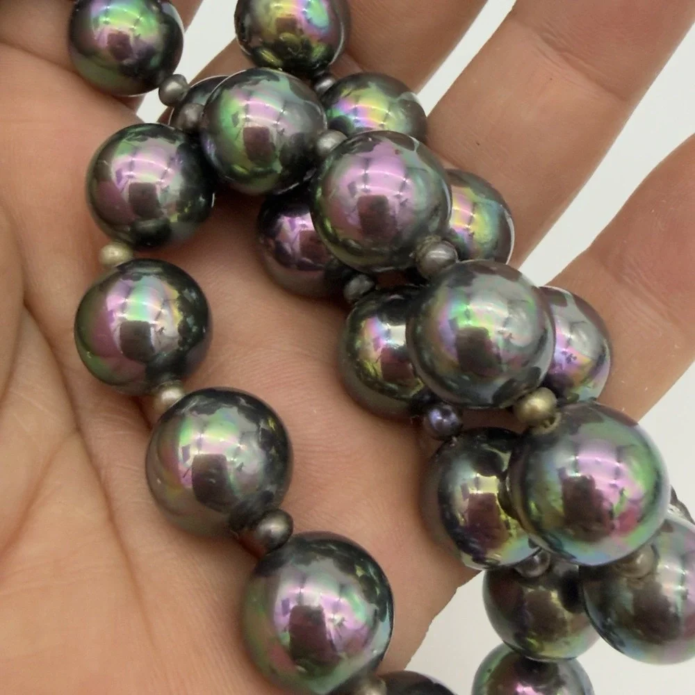 Vintage Peacock Faux Pearl Necklace 12.4 Mm Oilslick Sterling Silver Clasp 16